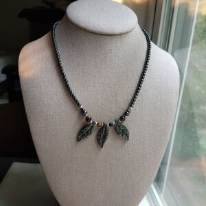 Hematite Beaded Carved Triple Leaf Necklace with Tigers Eye